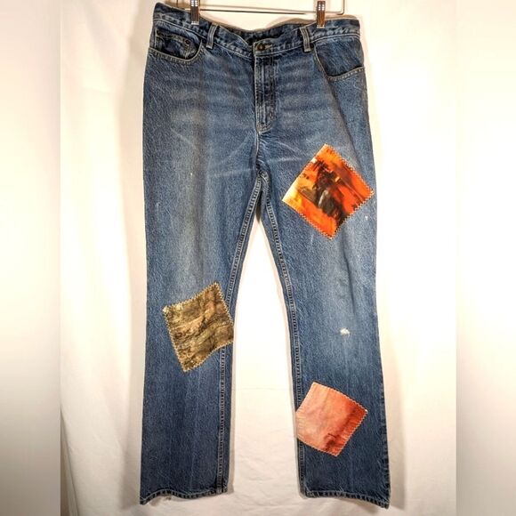 DKNY Jeans With Stitched On Patchwork Regular Fit With Distressing Size 36x33 - Picture 1 of 8